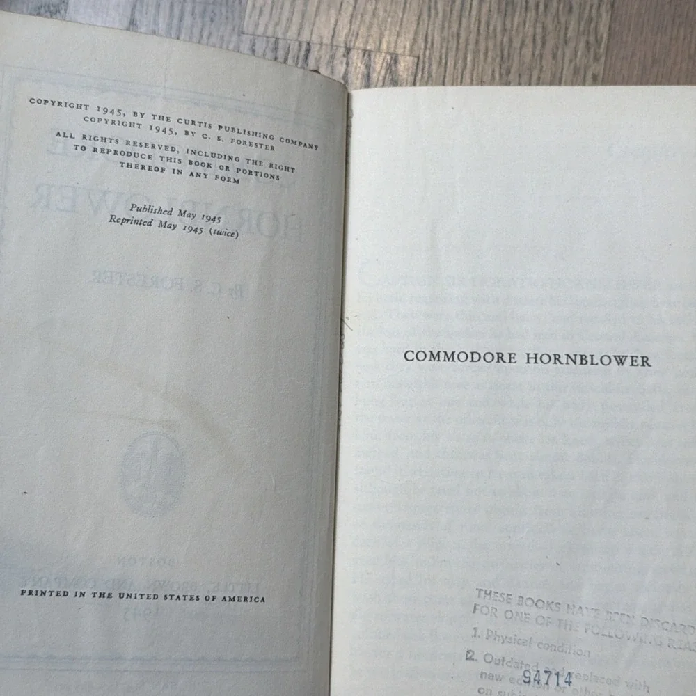 COMMODORE HORNBLOWER -by C. S. Forester 1945 1ST edition‎ 2nd printing ex-lib